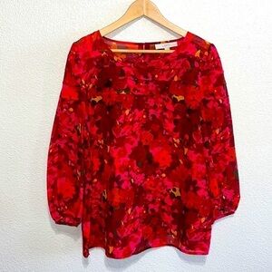 Loft Red Orange Tiered Floral Sheer Woman Blouse